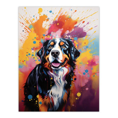 B&Q -  Unframed Wall Art Bernese Mountain Dog Lover Gift Pet Portrait Orange Purple Blue Artwork Painting12X16 Inch