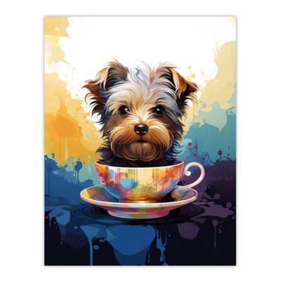 B&Q -  Unframed Wall Art Tea Cup Yorkshire Terrier Dog Lover Gift Pet Portrait Blue Purple Orange Artwork Painting12X16 Inch