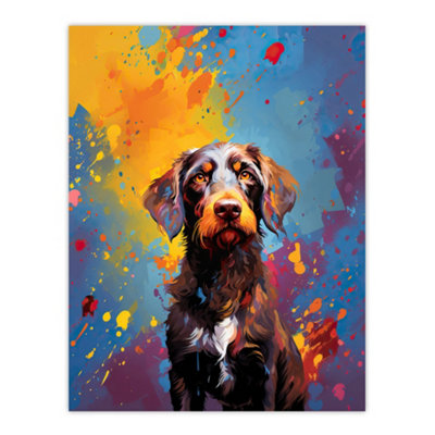 B&Q -  Unframed Wall Art Wirehaired German Pointer Dog Lover Gift Pet Portrait Blue Orange Purple Artwork Painting12X16 Inch