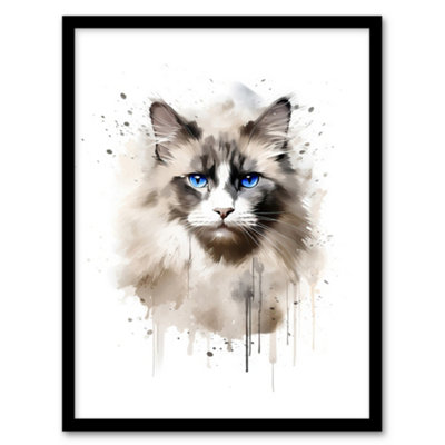 Artery8 Grey Point Ragdoll Cat Blue Eyes Lovers Gift Watercolour Pet Portrait Painting Wall Art PrintA4 Size from B&Q