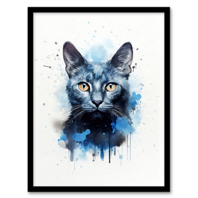 Artery8 Russian Blue Cat Lovers Gift Watercolour Pet Portrait Painting Wall Art PrintA4 Size from B&Q