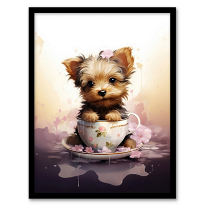 B&Q -  Tea Cup Yorkshire Terrier Lovers Gift Watercolour Pet Portrait Painting Wall Art PrintA4 Size