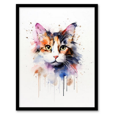 Artery8 Framed Wall Art Calico Cat Lovers Gift Watercolour Pet Portrait Painting12X16 Inch from B&Q