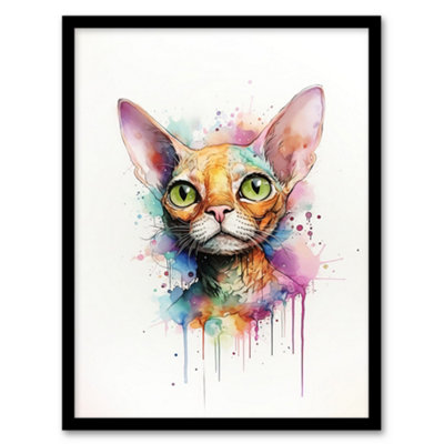 Artery8 Framed Wall Art Devon Rex Cat Lovers Gift Watercolour Pet Portrait Painting12X16 Inch from B&Q