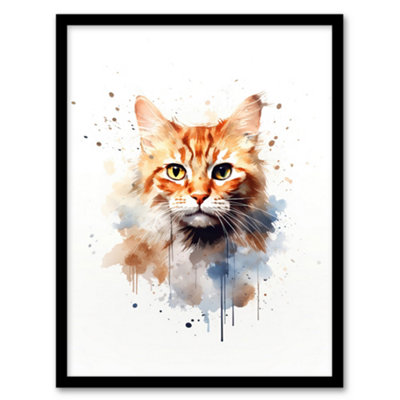 Artery8 Framed Wall Art Orange Tabby Cat Lovers Gift Watercolour Pet Portrait Painting12X16 Inch from B&Q