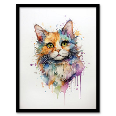 Artery8 Framed Wall Art Reverse Calico Cat Lovers Gift Watercolour Pet Portrait Painting12X16 Inch from B&Q