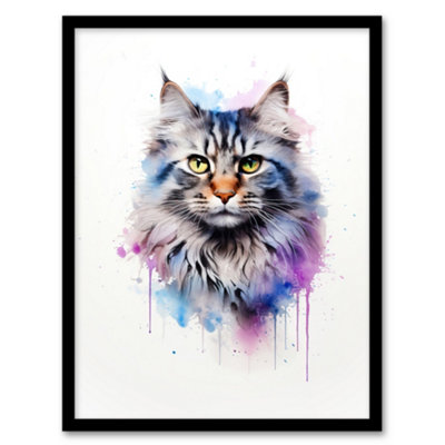 Artery8 Framed Wall Art Siberian Cat Lovers Gift Watercolour Pet Portrait Painting12X16 Inch from B&Q