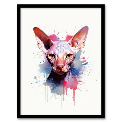 Artery8 Framed Wall Art Sphynx Cat Lovers Gift Watercolour Pet Portrait Painting12X16 Inch from B&Q