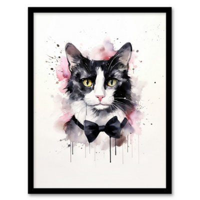Artery8 Framed Wall Art Tuxedo Cat Lovers Gift Watercolour Pet Portrait Painting12X16 Inch from B&Q