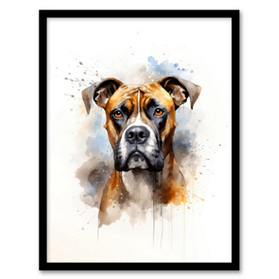 Artery8 Framed Wall Art Brindle Boxer Lovers Gift Watercolour Pet Portrait Painting12X16 Inch from B&Q