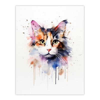 Artery8 Unframed Wall Art Calico Cat Lovers Gift Watercolour Pet Portrait Painting12X16 Inch from B&Q