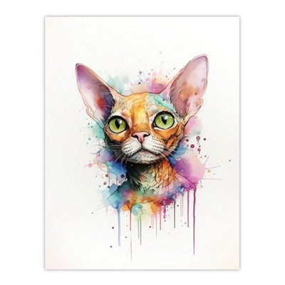 Artery8 Unframed Wall Art Devon Rex Cat Lovers Gift Watercolour Pet Portrait Painting12X16 Inch from B&Q