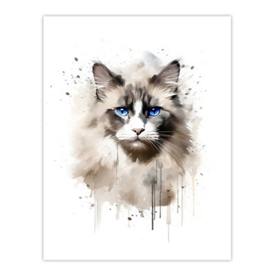 Artery8 Unframed Wall Art Grey Point Ragdoll Cat Blue Eyes Lovers Gift Watercolour Pet Portrait Painting12X16 Inch from B&Q