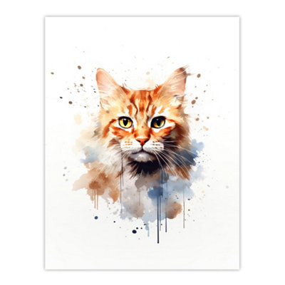 Artery8 Unframed Wall Art Orange Tabby Cat Lovers Gift Watercolour Pet Portrait Painting12X16 Inch from B&Q