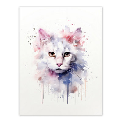 B&Q -  Unframed Wall Art Pure White Cat Lovers Gift Watercolour Pet Portrait Painting12X16 Inch