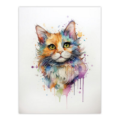 Artery8 Unframed Wall Art Reverse Calico Cat Lovers Gift Watercolour Pet Portrait Painting12X16 Inch from B&Q