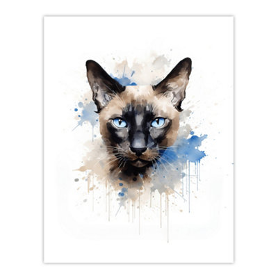 Artery8 Unframed Wall Art Siamese Cat Lovers Gift Watercolour Pet Portrait Painting12X16 Inch from B&Q