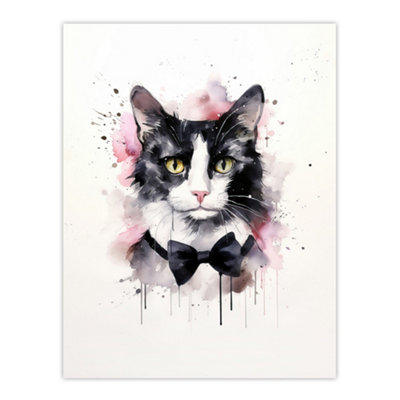 Artery8 Unframed Wall Art Tuxedo Cat Lovers Gift Watercolour Pet Portrait Painting12X16 Inch from B&Q