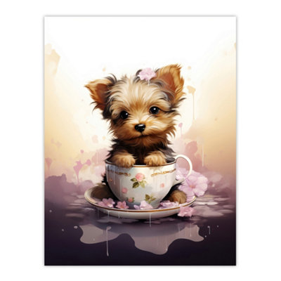 B&Q -  Unframed Wall Art Tea Cup Yorkshire Terrier Lovers Gift Watercolour Pet Portrait Painting12X16 Inch