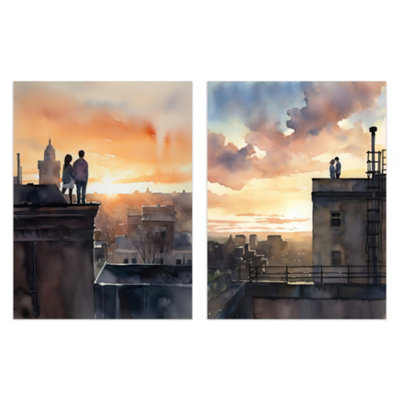 Artery8 Wall Art Print Set Of 2 Rooftop Romance Watercolour Cityscape Bedroom 2 Pack Poster from B&Q