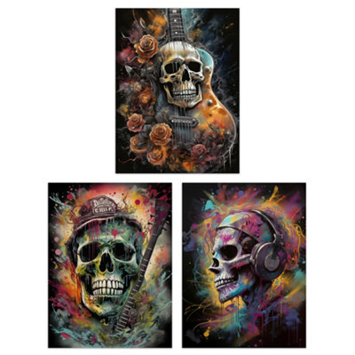 Artery8 Wall Art Print Set Of 3 Thrash Metal Death Skull Guitar Brutal Horror 3 Pack Poster from B&Q