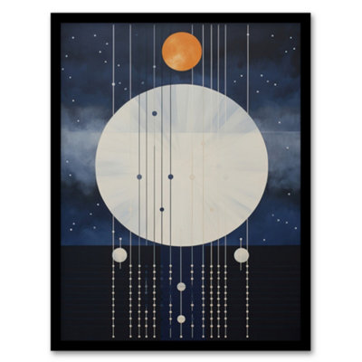 Wee Blue Coo Abstract Solar Eclipse Oil Painting Blue Orange Geometric Planetary Orbits Night Sky Wall Art PrintA4 Size from B&Q