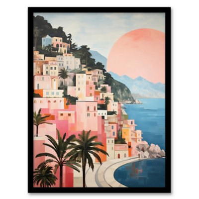 Wee Blue Coo Amalfi Sunrise Mediterranean Urban Landscape Oil Painting Pink Blue Green Coastal Cityscape Wall Art PrintA4 Size from B&Q