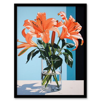 Wee Blue Coo Autumn Lilies Orange Glass Vase Stylised Floral Painting Blue Green Detailed Tiger Lily Wall Art PrintA4 Size from B&Q