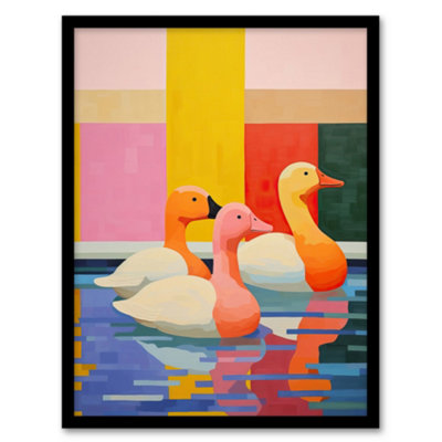 Wee Blue Coo Chameleon Ducks Swimming Vibrant Geometric Pattern Oil Painting Wall Art PrintA4 Size from B&Q