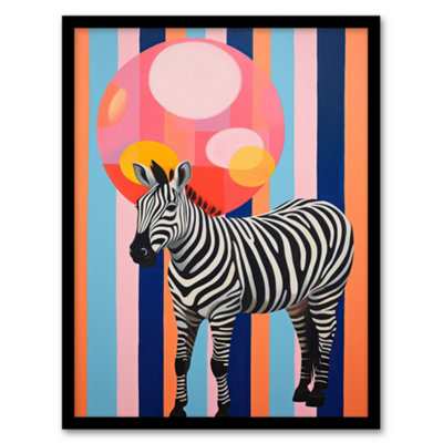 B&Q -  Party Animal Zebra Stripes And Balloon Orange Pink Blue Fun Oil Painting Wall Art PrintA4 Size