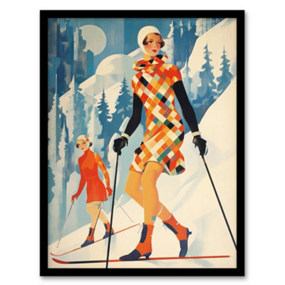 Wee Blue Coo Framed Wall Art Klosters Chic Fashion Skier Women Going Down Slopes Orange Blue Bright Retro Oil Painting12X16 Inch from B&Q