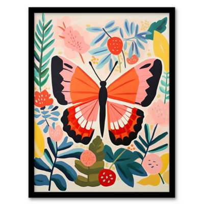 Wee Blue Coo Framed Wall Art Butterfly Henri Matisse Style Bright Painting Leaves Fronds And Floral Blooms Spring12X16 Inch from B&Q