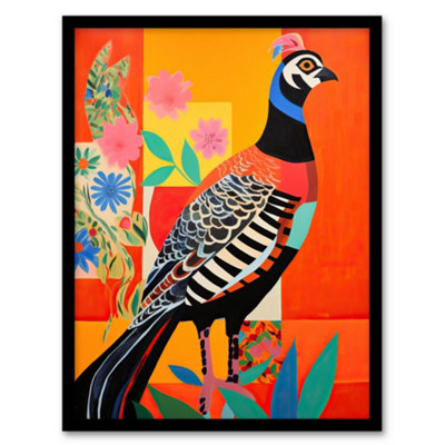 B&Q -  Framed Wall Art Party Pheasant Oil Painting Orange Blue Green Folk Art Vibrant12X16 Inch