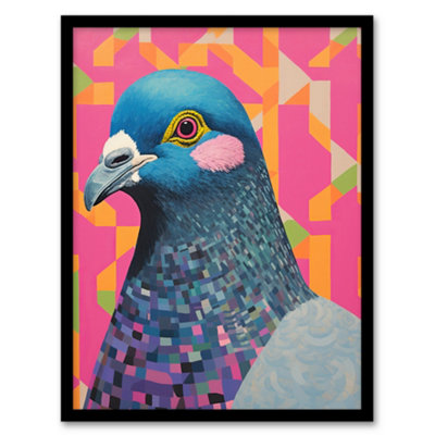 Wee Blue Coo Framed Wall Art Perky Pigeon Oil Painting Pink Orange Blue Vibrant Animal Portrait12X16 Inch