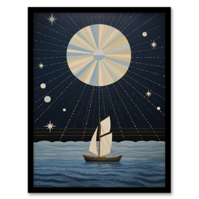 Wee Blue Coo Framed Wall Art Sailing Into The Moonlight Boat In Full Moon Seascape Blue Tan Oil Painting12X16 Inch from B&Q