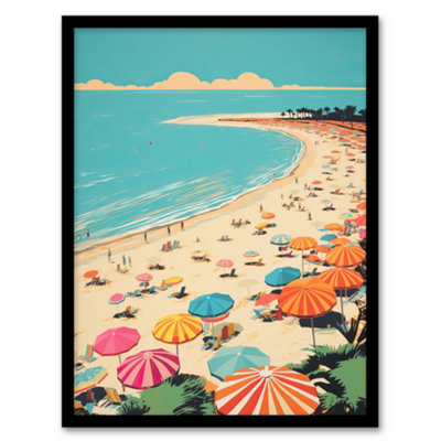 Wee Blue Coo Framed Wall Art Sun Sand Sea Cove Busy Beach Coastal Landscape Aqua Orange Pink Bright Painting12X16 Inch from B&Q