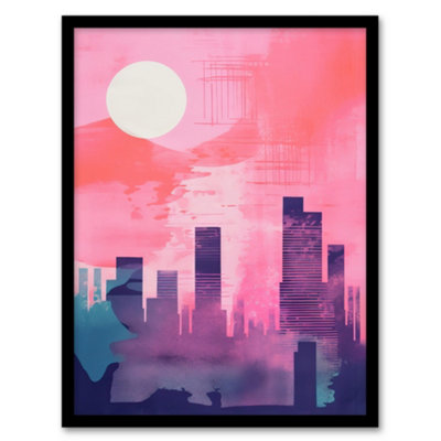 Wee Blue Coo Framed Wall Art Sunrise City Silhouette Pink Purple Blue Watercolour Painting12X16 Inch from B&Q