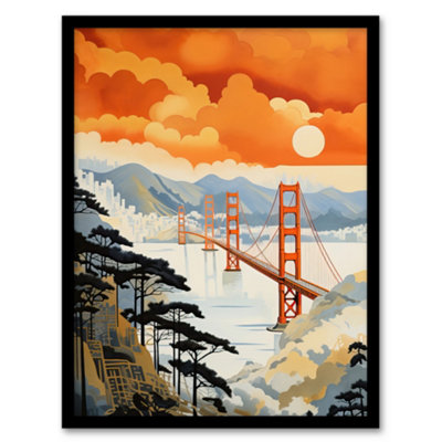 Wee Blue Coo Framed Wall Art Sunset San Francisco Oakland Bay Bridge Amber Orange Blue Pastel Colour Painting12X16 Inch from B&Q