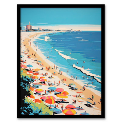 Wee Blue Coo Framed Wall Art Surf Sand Sea And Sunshine Busy Beach Coastal Landscape Orange Pink Blue Graphic Painting12X16 Inch from B&Q