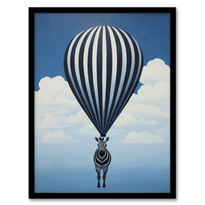 B&Q -  Framed Wall Art Surreal And Stripes Zebra Balloon Adventures Over The Clouds Blue Black White Oil Painting12X16 Inch