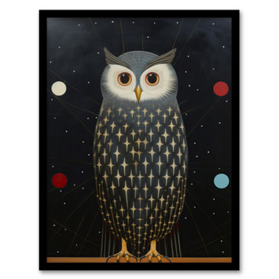 B&Q -  Framed Wall Art The Night Watch Man Surreal Cosmic Owl Portrait And Starry Sky Grey Blue Orange12X16 Inch