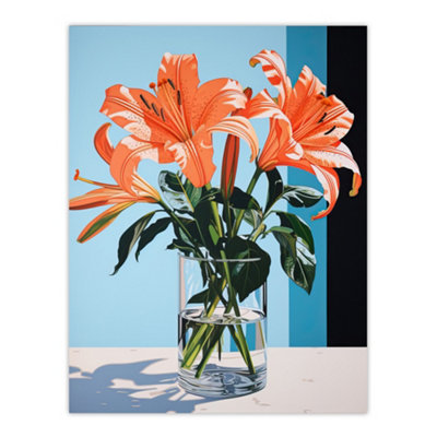 B&Q -  Unframed Wall Art Autumn Lilies Orange Glass Vase Stylised Floral Painting Blue Green Detailed Tiger Lily12X16 Inch