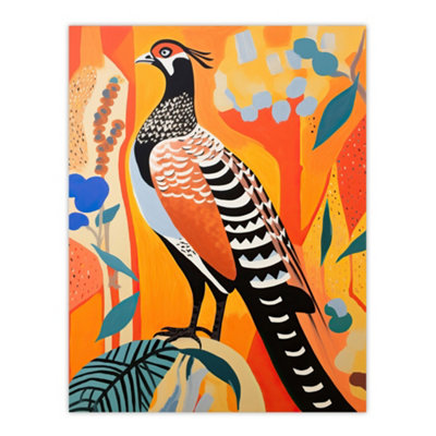 B&Q -  Unframed Wall Art Autumn Pheasant Bird Portrait Vibrant Folk Art Painting Orange Blue Red Patterns12X16 Inch