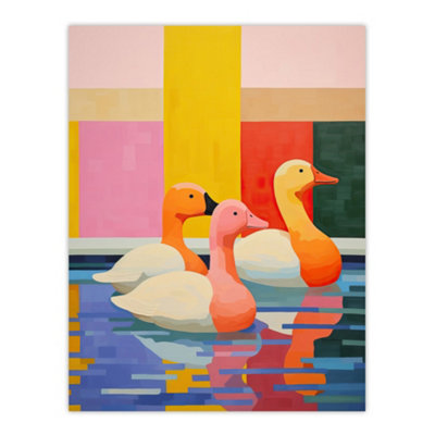 Wee Blue Coo Unframed Wall Art Chameleon Ducks Swimming Vibrant Geometric Pattern Painting12X16 Inch from B&Q