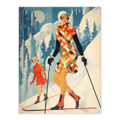 Wee Blue Coo Unframed Wall Art Klosters Chic Fashion Skier Women Going Down Slopes Orange Blue Bright Retro Painting12X16 Inch from B&Q