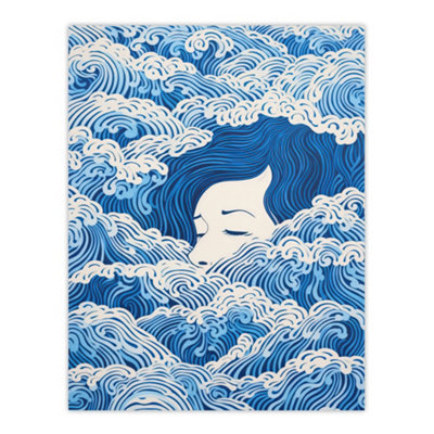 Wee Blue Coo Unframed Wall Art Lost At Sea Waves Of Sleep Blue And White Surreal Painting12X16 Inch from B&Q