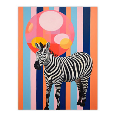 B&Q -  Unframed Wall Art Party Animal Zebra Stripes And Balloon Orange Pink Blue Fun Painting12X16 Inch