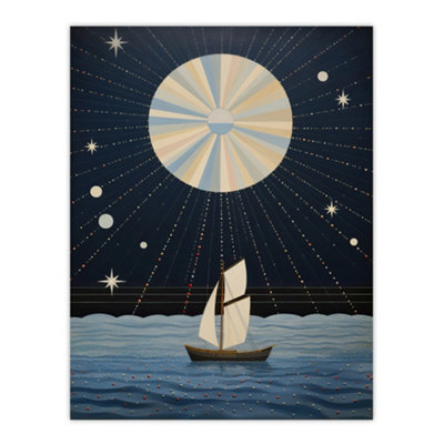 Wee Blue Coo Unframed Wall Art Sailing Into The Moonlight Boat In Full Moon Seascape Blue Tan Painting12X16 Inch from B&Q