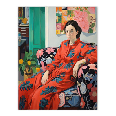 B&Q -  Unframed Wall Art Serious Pattern Clasher Woman Lounge Posing For Portrait Red Green Blue Painting12X16 Inch