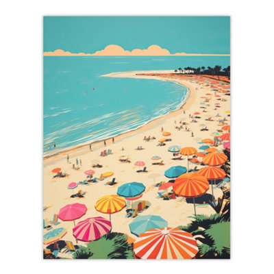 Wee Blue Coo Unframed Wall Art Sun Sand Sea Cove Busy Beach Coastal Landscape Aqua Orange Pink Bright Painting12X16 Inch from B&Q